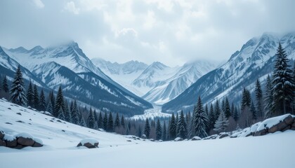 Majestic Winter Landscape Snow covered Mountains and Evergreen Trees in a Serene Valley