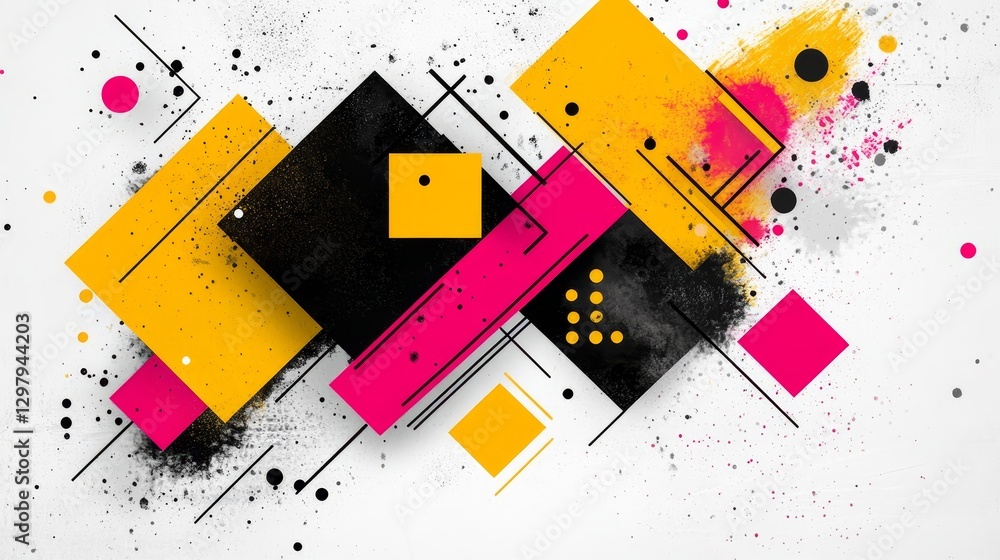 Poster dynamic abstract composition with geometric shapes and bold colors creating a modern vibrant graphic