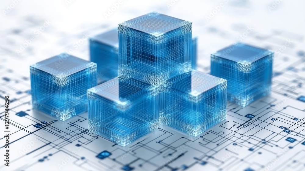 Poster abstract technology concept with glowing blue cubes representing innovation data network and digital