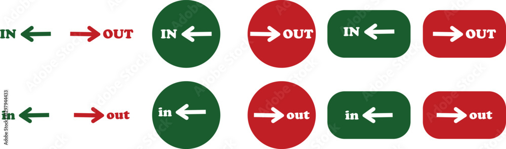 Poster in out arrow icons set. simple arrow big vector collection isolated on transparent background. red o
