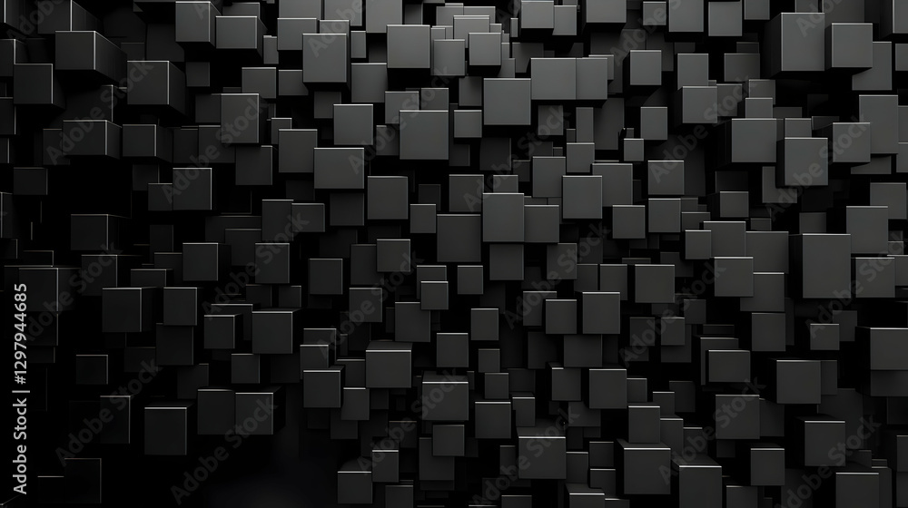 Poster abstract black cubes forming 3d geometric pattern on dark background with shadow and modern design