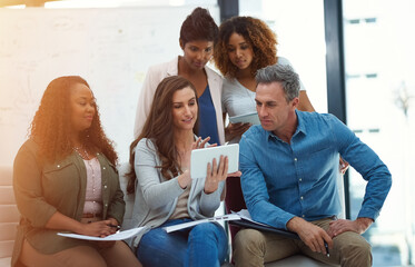 Planning, group and teamwork for project, tablet and performance of ad campaign, creative and...