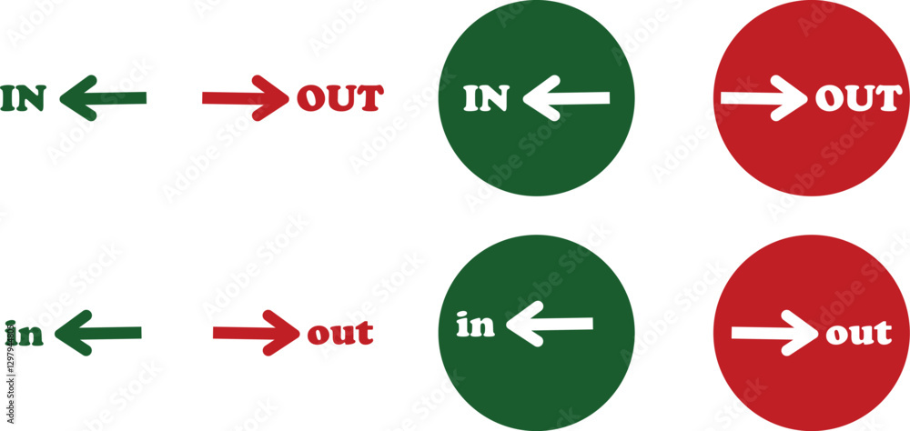 Poster in out arrow icons set. simple arrow big vector collection isolated on transparent background. red o