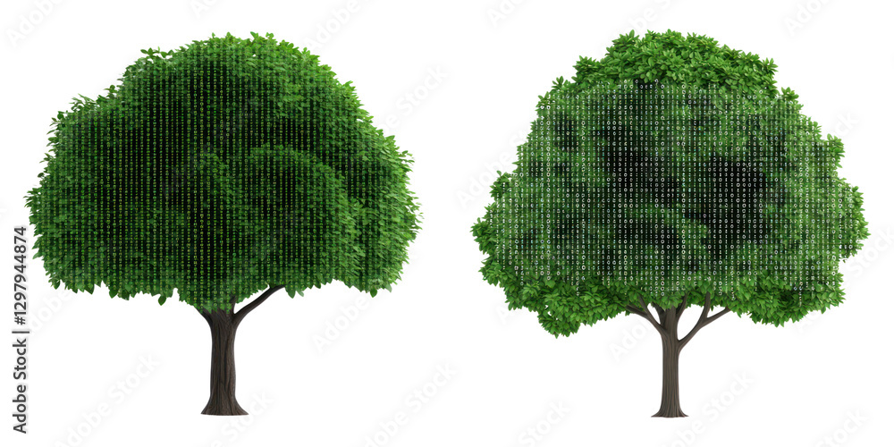 Poster tree with binary code leaves symbolizes fusion of nature and technology, showcasing digital transfor