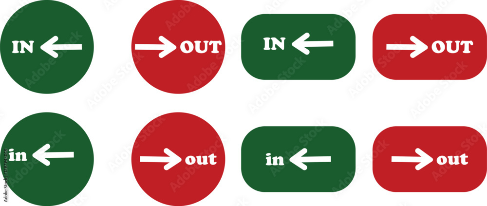 Poster in out arrow icons set. simple arrow big vector collection isolated on transparent background. red o