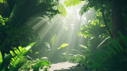 Fototapeta premium A serene jungle scene with sunlight filtering through lush green foliage.