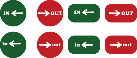 IN OUT arrow icons set. Simple arrow big vector collection isolated on transparent background. Red or green street sign with flat arrow pointing right and left signboard on road for pointing direction