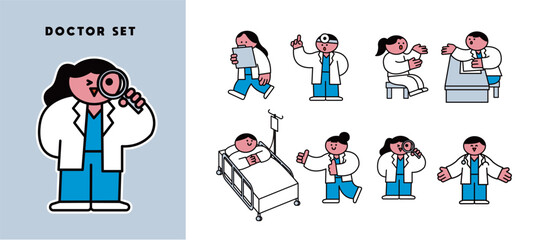 Illustration of various characters of doctors working in hospitals