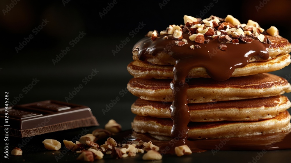Poster Stacked pancakes with melted chocolate and chopped nuts create an inviting dessert presentation. Generative AI