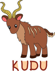 striped kudu with curled horns looks at the camera with colorful text below hand written