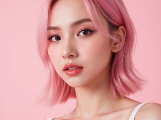 Fototapeta premium close-up shot of a woman's face, featuring medium wavy pink-dyed hair, creative makeup, and glossy lips, with a seductive gaze against a soft pink backdrop.