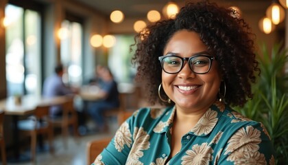 Obraz premium Confident plus-size African American woman smiles. Pro employee in glasses, flower print blouse. Modern corporate workplace diversity, inclusion. Authentic, approachable, cheerful, positive, real