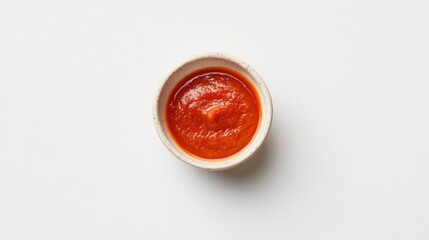 Top View of Red Dipping Sauce in Small White Ramekin Isolated on White Background
