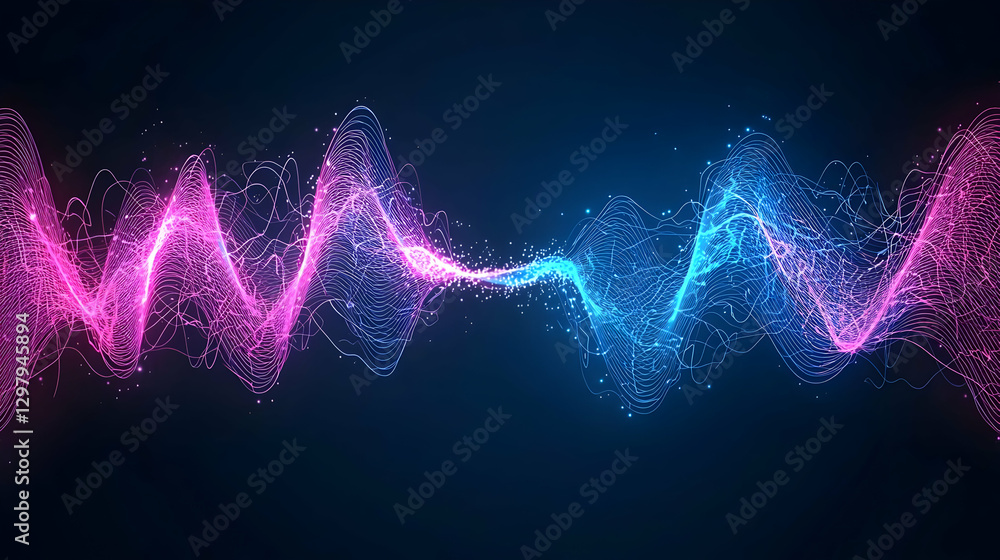 Poster abstract digital waveform displaying dynamic pink and blue light particle data against dark backgrou