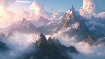 A breathtaking serene mountain range covered in mist during dawn, showcasing the tranquility and pristine nature of the landscape with soft light and shadows