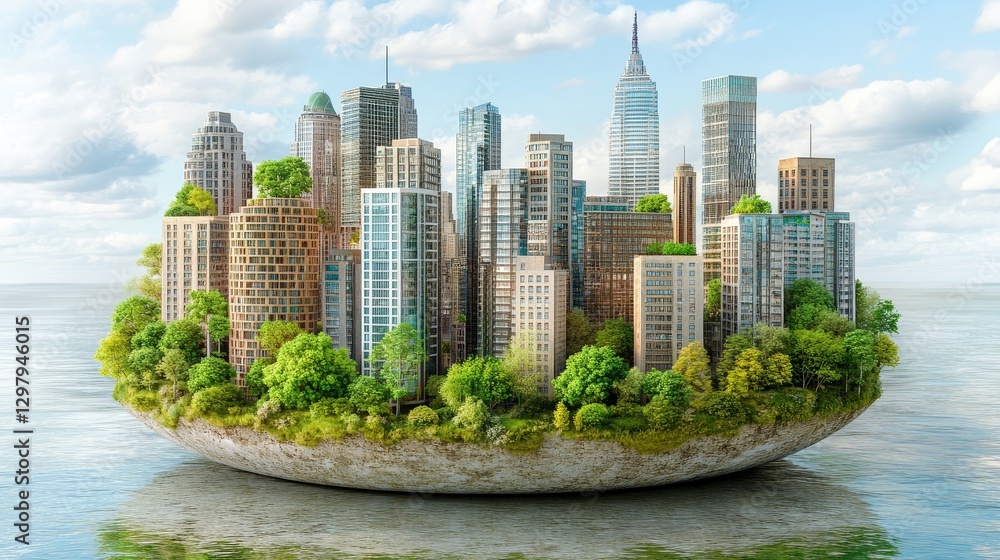Poster ecological urbanism concept representing sustainable city development with green building and integr
