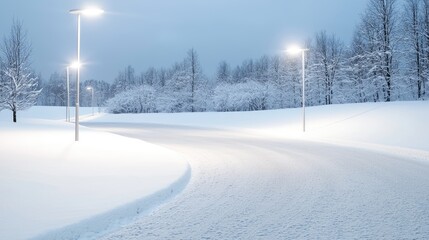 Fototapeta premium Snowy Winter Road at Dusk, Lit by Lamps, Park Background. Use Stock Photo