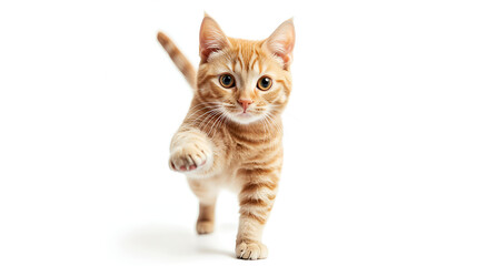 Pure youth crazy. Orange cat is posing. Cute playful Orange tabby cat or pet is playing and looking happy isolated. Concept of motion, action, movement.