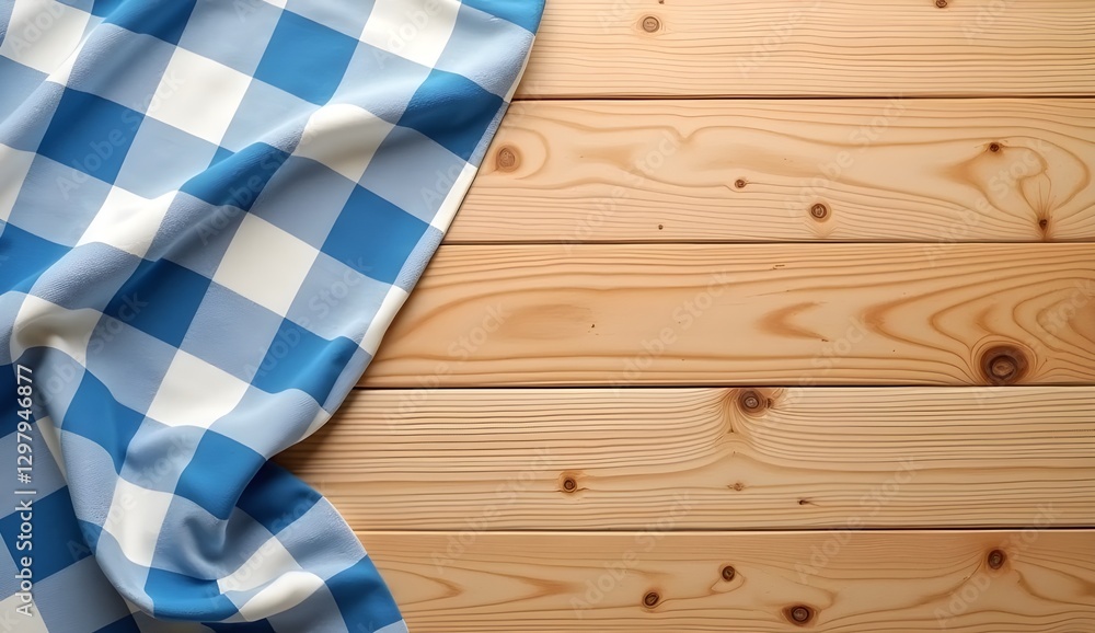 Poster casually placed tablecloth on the side of wooden background with rustic texture
