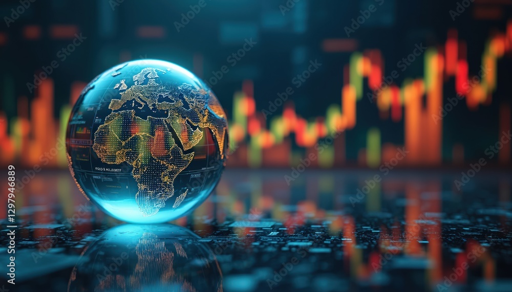 Leinwandbilder Globe on tech circuit board reflects blurry stock market graph. Global business analysis, cyberspace communications network concept. Worldwide financial strategy, digital data exchange via web.