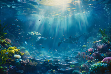 Fototapeta premium Tranquil Underwater World - An Enchanting Glimpse of Marine Life and Vibrant Coral Reefs Beneath the Ocean's Surface