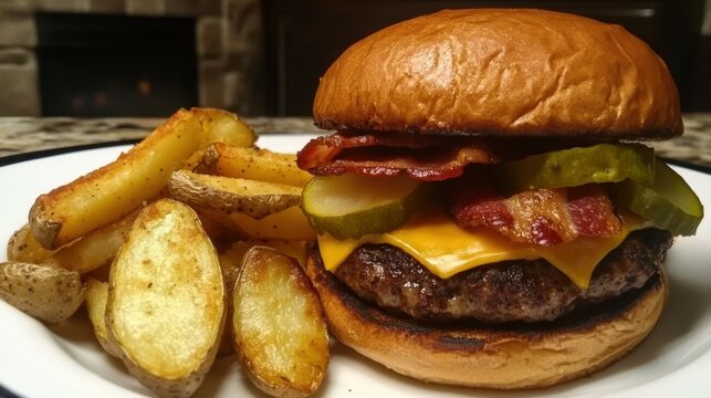 With bacon, pickles, and fresh vegetables, this gourmet cheeseburger is a delicious home-made burger with rustic potato wedges.
