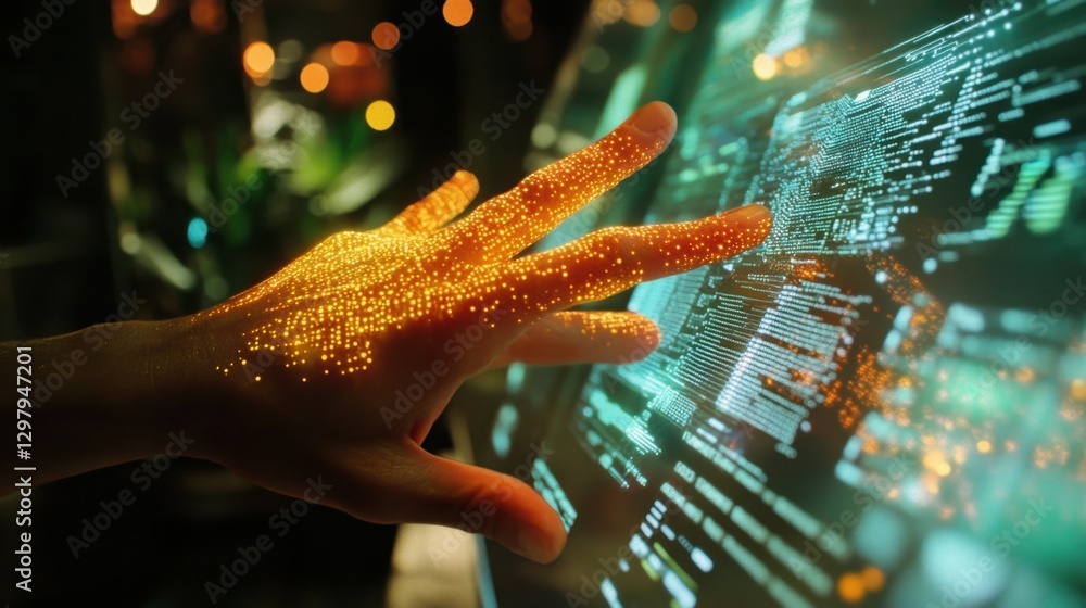 Poster in the future, human fingertips touch a glowing display of high-tech data.