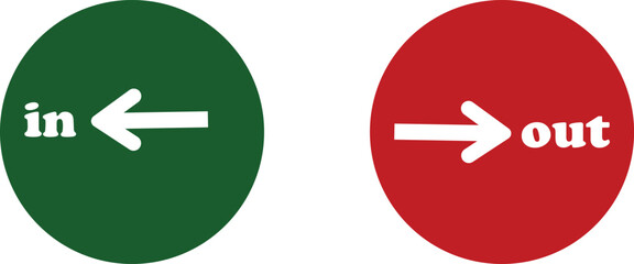 IN OUT arrow icons set. Simple arrow big vector collection isolated on transparent background. Red or green street sign with flat arrow pointing right and left signboard on road for pointing direction