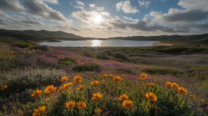 Fototapeta premium Vibrant Wildflowers by Scenic Lake in Spring Sunshine