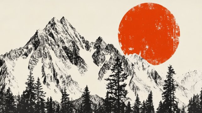 Abstract Ink Wash Painting of Mountains and Forest Landscape with the Rising Sun Artistic Tranquil Nature Scene Minimalist