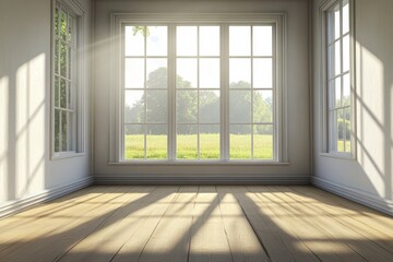 Fototapeta premium Bright and Airy Empty Room with Large Windows and Natural Light