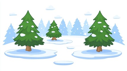 Obraz premium Pixelated winter wonderland backdrop featuring snowy trees and subtle animated snowfall creating a retro game aesthetic landscape