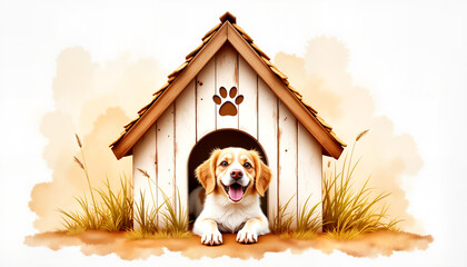Watercolor illustration of a happy dog in a wooden doghouse