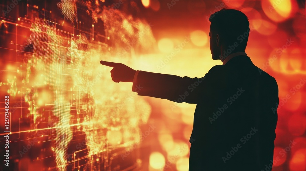 Poster silhouette of businessman pointing at digital network on abstract background