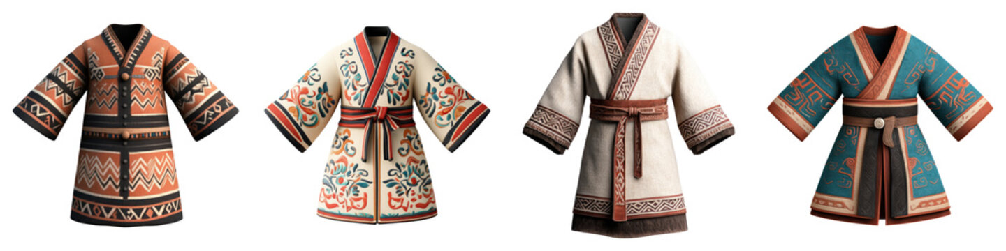 Traditional Mongolian deel garments with intricate patterns and colors