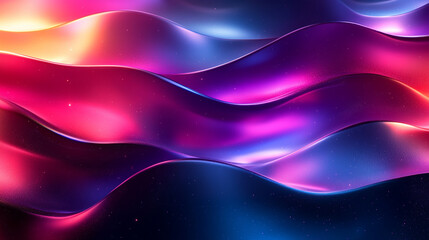 An abstract, bold, and colorful holographic background featuring a liquid blob shape. The iridescent melted substance creates a striking contrast against the black backdrop with chrome-like drops