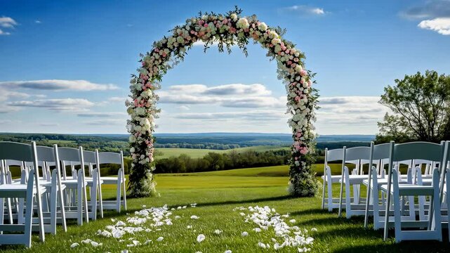 A stunning floral wedding arch stands in an open countryside setting under a bright blue sky, surrounded by white chairs and scattered flower petals, creating a dreamy outdoor ceremony atmosphere.