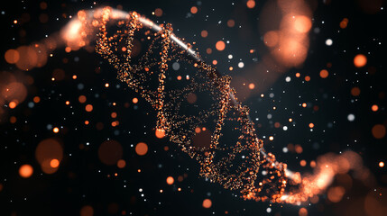 stunning visualization of DNA strand composed of glowing particles, set against dark background, creating sense of depth and intrigue