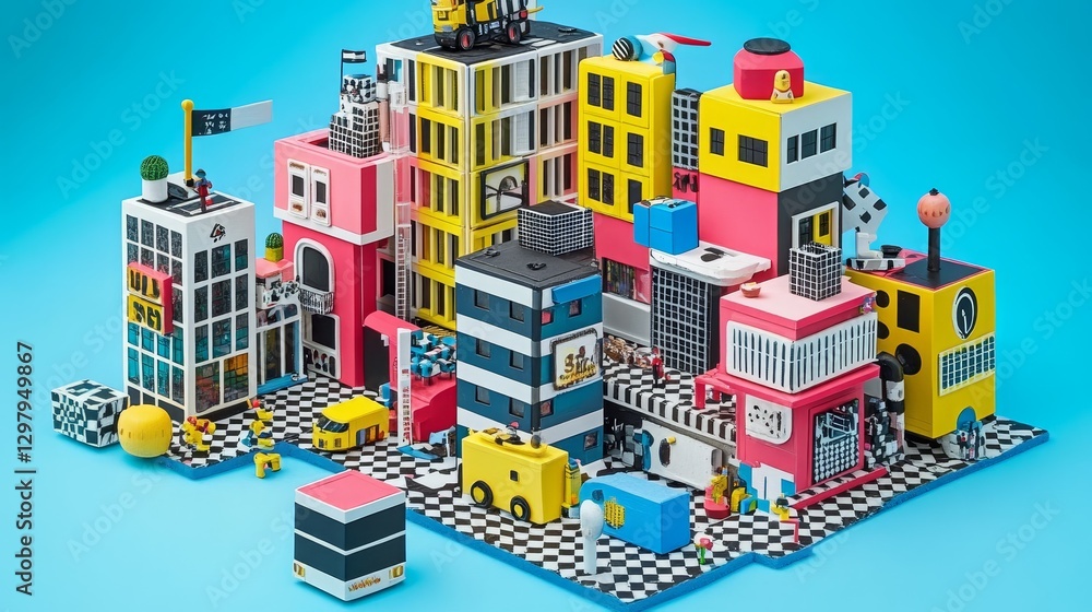 Poster playful cityscape built with colorful building blocks creates an imaginative model city for children