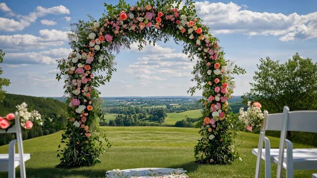Elegant floral wedding arch set against a picturesque countryside backdrop under a clear blue sky, surrounded by white chairs and scattered rose petals on the lush green grass.