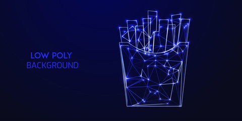 Futuristic Low Poly Digital Wireframe Illustration of French Fries in a Container with Neon Blue Glowing Polygonal Connections on a Dark Abstract Background