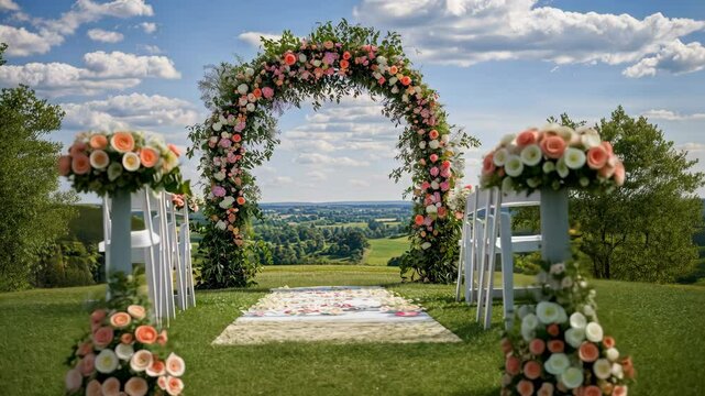 Elegant floral wedding arch set against a picturesque countryside backdrop under a clear blue sky, surrounded by white chairs and scattered rose petals on the lush green grass.