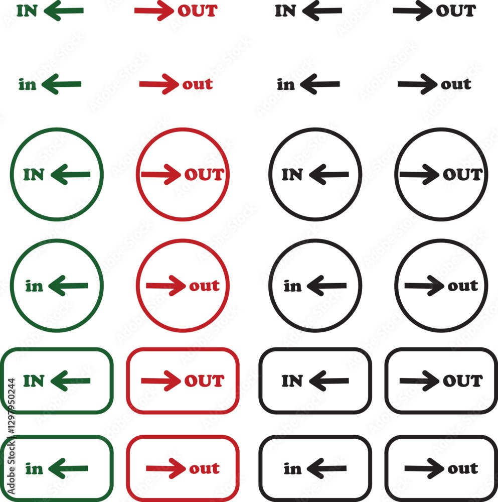 Poster in out arrow icons set. simple arrow big vector collection isolated on transparent background. red o
