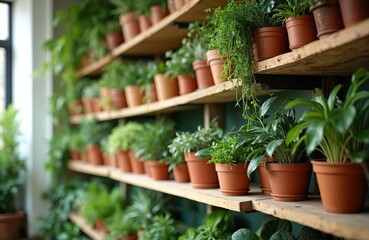 Many different potted houseplants on wooden shelves in garden center. Indoor botanical decorations, green natural gardening variations in flowerpots. Home floral decor in store. Plants display on