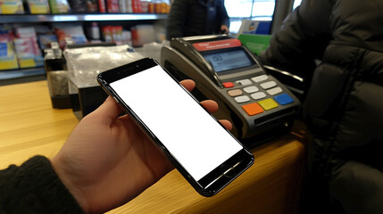 Contactless payment by smartphone in the store. NFC. Non-cash. Copy space. 