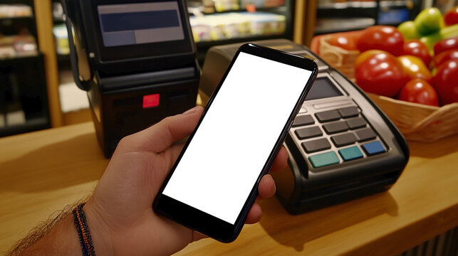 Electronic contactless payment by phone through bank terminal. NFC.  Copy space. 