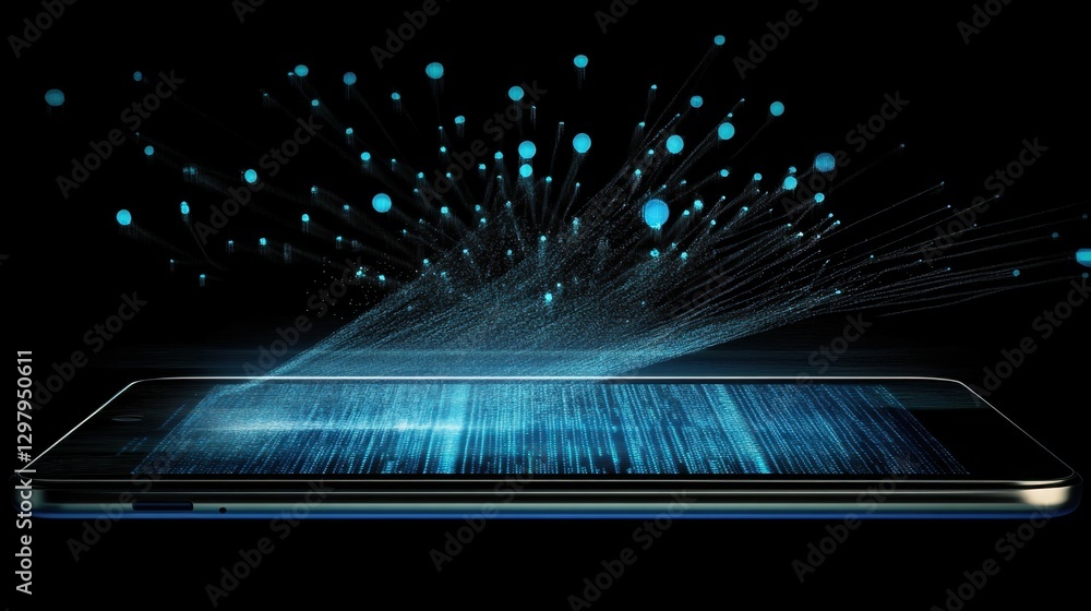 Fototapete tablet device with graphics of data flowing outwards, business intelligence concept