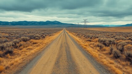 Naklejka premium Lonely desert road vanishing into horizon under stormy sky.