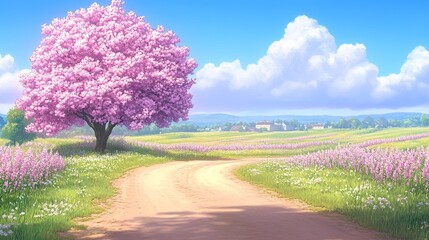 Dreamy spring meadow path beneath blossom tree scenic vista with cloudscape idyllic countryside beauty and tranquility illustration