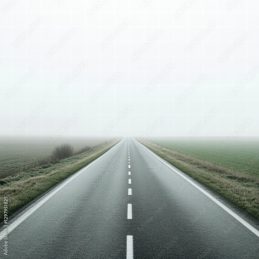 Aufkleber long empty road stretches into the foggy distance surrounded by fields in a tranquil rural landscape